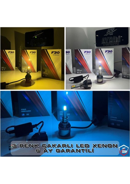 H4 Çakarlı 3 Renk LED Xenon / Sarı + Beyaz + Buz Mavi 15.000 Lümen