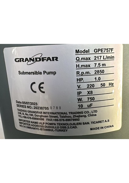 GPE757 Drenaj Pompası Elektrot Flatörlü- 750 Watt