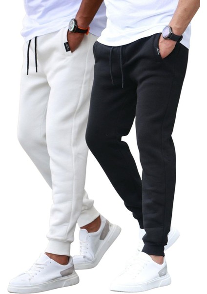 Beyaz/siyah Basic 2'li Paket Erkek Eşofman Altı E7444