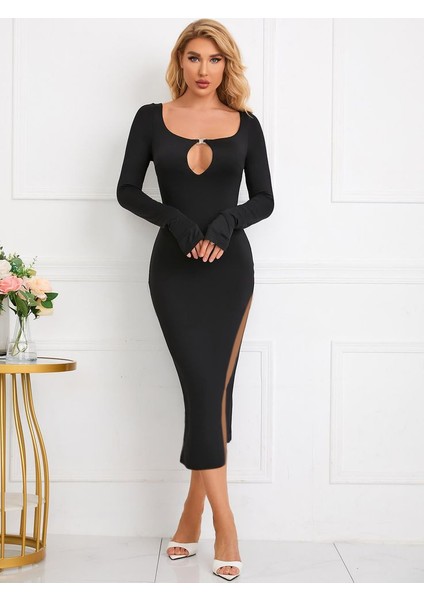 Kadın Uzun Kollu Yaka Damla Detay Mini Aksesuarlı Yırtmaç Detay Krep Elbise fiyatları