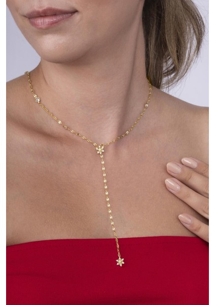 Kar Tanesi Motifli Y Model Altın Kaplama Çelik Kadın Kolye