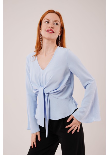 Ön Bağlamalı Volan Kol Bebe Mavisi Bluz fırsatları