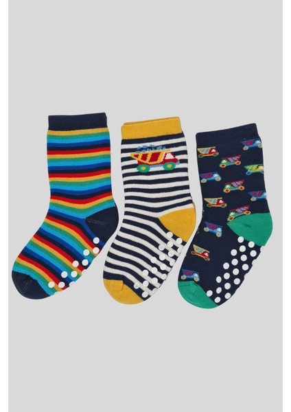 Kıpırık Baby3 Çift Havlu Pamuklu Kaydırmaz Taban Kışlık Araba ve Çizgi Desenli Erkek Çocuk ve Bebek Soket Çorap
