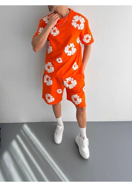 Iki Iplik Kumaş Baskılı T-Shirt Şortlu Takım- Turuncu