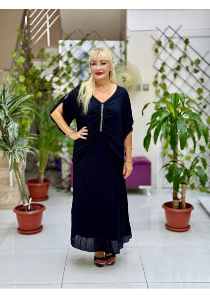 VL7010 Büzgülü Yarım Kol Vual Elbise Siyah