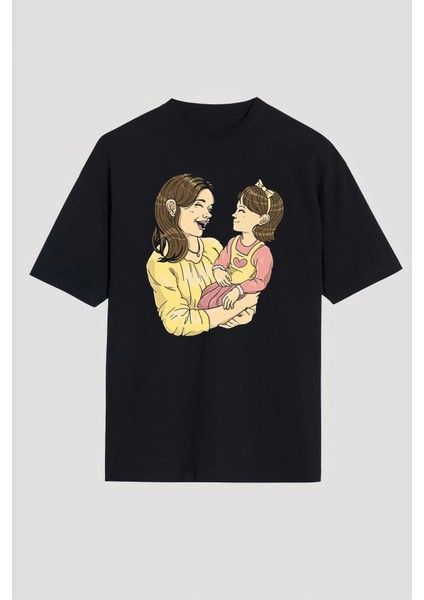 Anneler Gününe Özel Tasarım Anne Kız Baskılı T-Shirt - Siyah