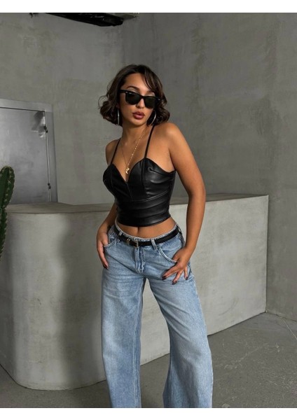 Ip Askılı Yandan Fermuarlı Rastale Deri Crop Siyah S24113