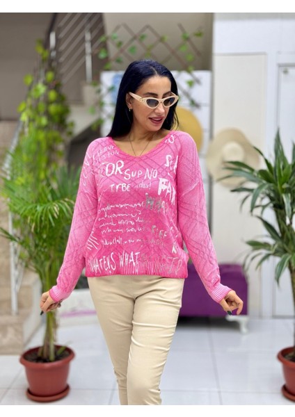 NC60332 Italyan Baskılı Kazak Pembe