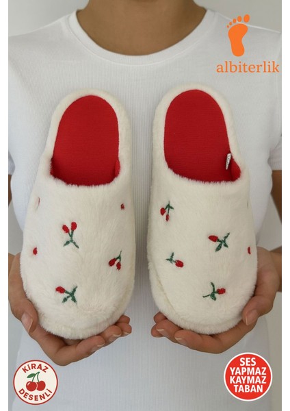 Kiraz Nakışlı Pofuduk Ev Terliği Çeyizlik Terlik Kaymaz Taban Hafif Yumuşak Taban