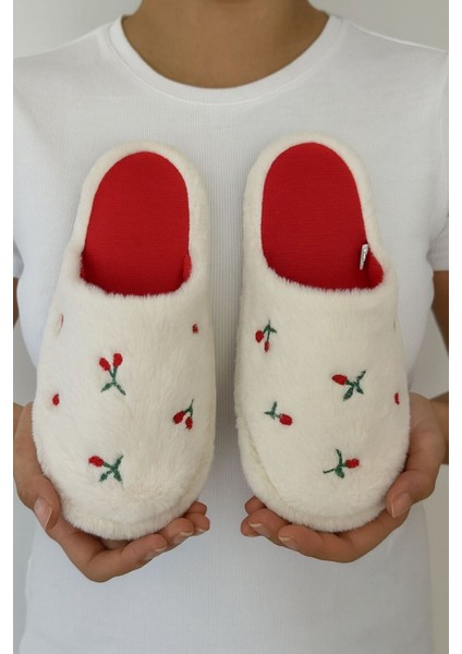 Kiraz Nakışlı Pofuduk Ev Terliği Çeyizlik Terlik Kaymaz Taban Hafif Yumuşak Taban fiyatları