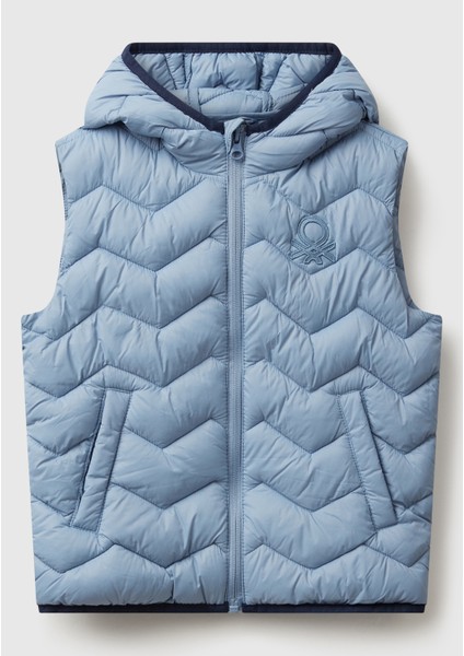 Erkek Çocuk Açık Mavi Logo Detaylı Kapüşonlu Yelek