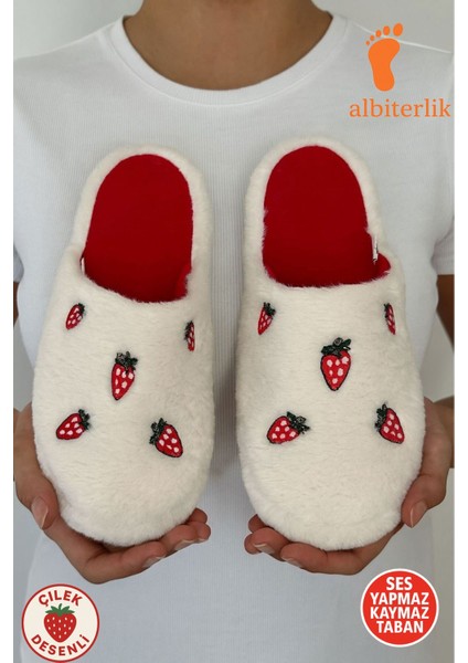 Çilek Nakışlı Pofuduk Ev Terliği Çeyizlik Terlik Kaymaz Taban Hafif Yumuşak Taban