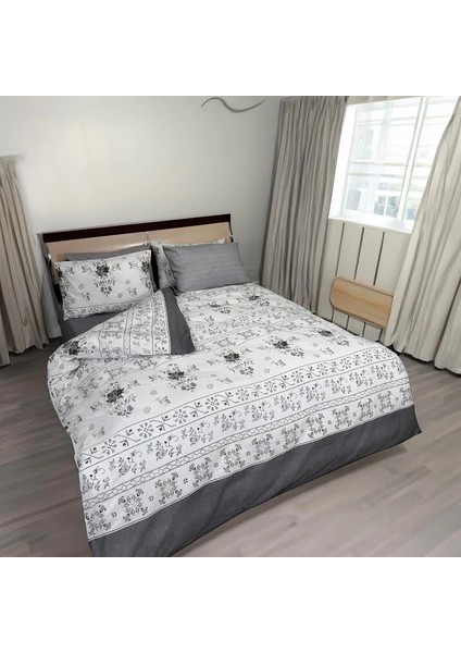 Siyah-Beyaz Çiçek ve Geometrik Desenli Nevresim Takımı – Çift Kişilik, %100 Pamuk, Yumuşak Dokulu