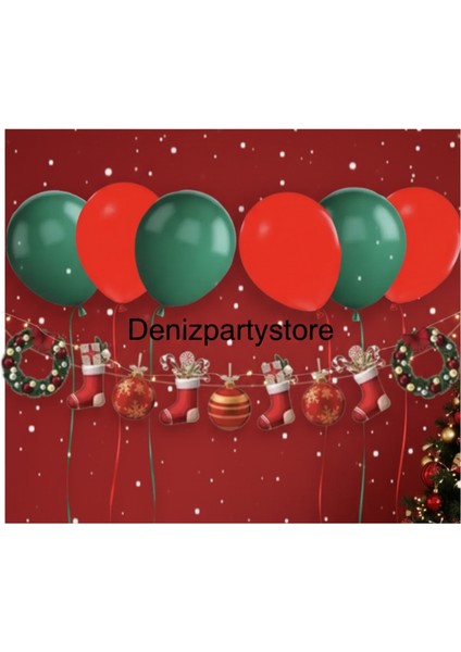 3 Kırmızı 3 Yeşil Balonlu Yılbaşı Dekoratif Banner Çelenk Duvar Süsü ( Tek Tarafı Baskılıdır )