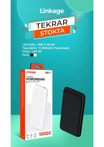 Linkage Lkp-55 10.000MAH 2xusb-C Girişli Usb-A Çıkışlı Taşınabilir Powerbank