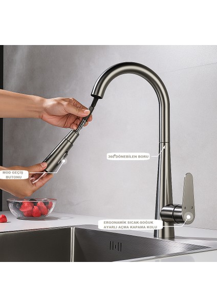Spiralli Mutfak Evye Batarya Antrasit Çek Bırak Uzayan Iki Modlu Başlık Fıskiye Musluk Yeni Armatür modelleri