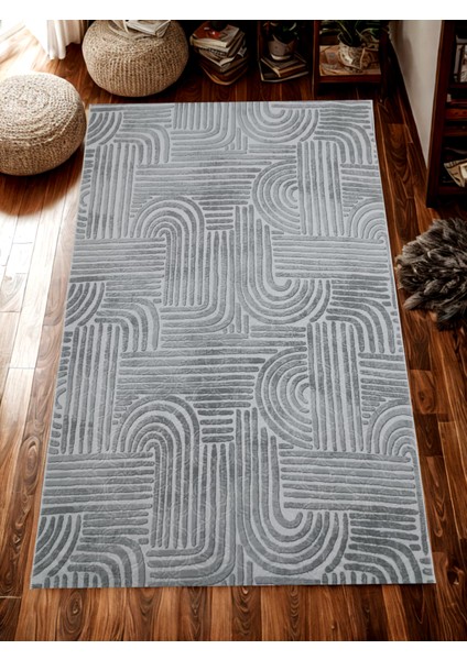 Elit Osso Gri Beyaz Kabartmalı Kaymaz Taban Yıkanabilir Kesme Yolluk Halı