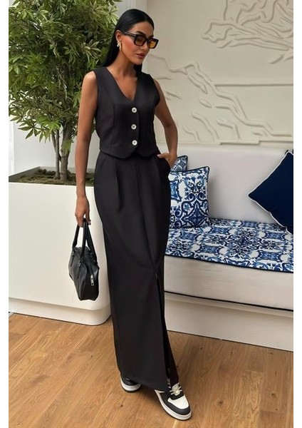 Etek Yırtmaçlı Yelekli Keten Takım 10131