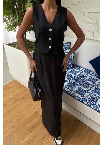 Etek Yırtmaçlı Yelekli Keten Takım 10131 fırsatları