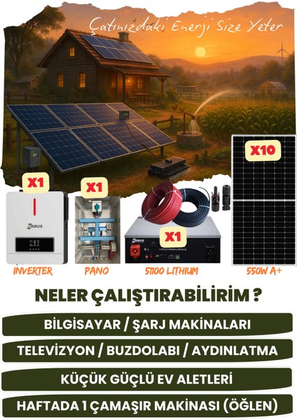 10,2 Kw Monofaze Güneş Paneli Sistemi (5,5 Kwp/5,12 Kwh Depolama) - 10P10K1L-D