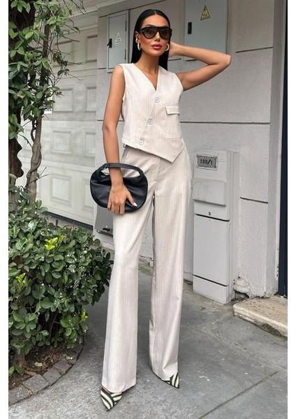 Yeleği Çapraz Detay Düğmeli Cepli Yelekli Takım 10150