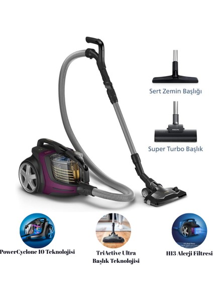 899 W, Powercyclone 10, Süper Turbo Fırça, Marathon Ultimate XB9155/07 899 W Toz Torbasız Süpürge