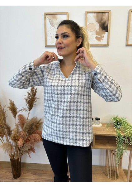 Kadın Uzun Kollu V Hakim Yaka Çok Renkli Dokuma Bluz indirimleri