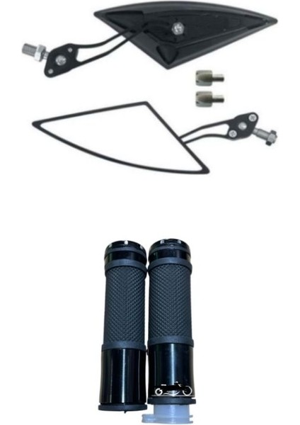 Cg Cup Scooter Üniversal Motosiklet Modifiye Siyah Üçgen Yarasa Ayna + Siyah Elcik Seti Srnmotor