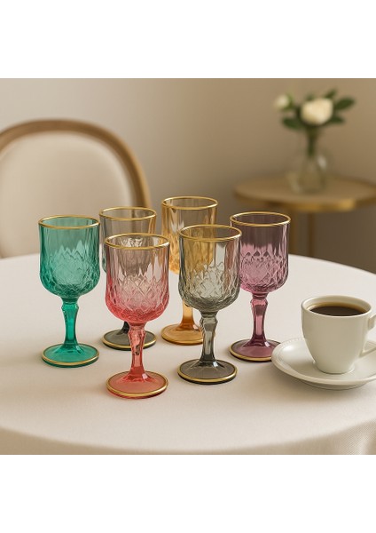 6 Lı Renkli Yaldızlı Kahve Yanı Su Bardağı Kadeh Kupa Bardak