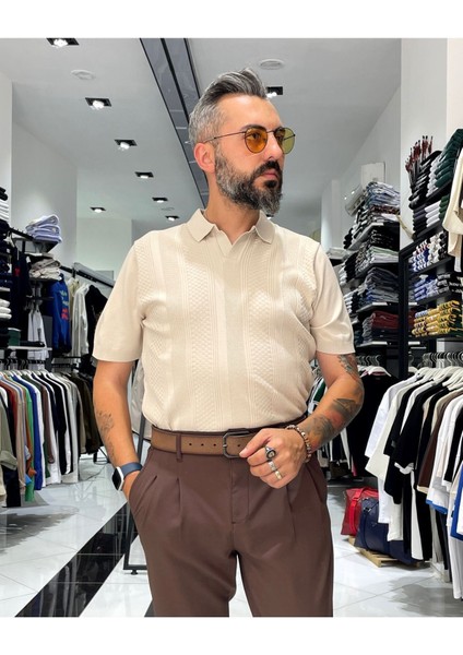 Kendinden Desenli Erkek Triko Polo Yaka T-Shirt