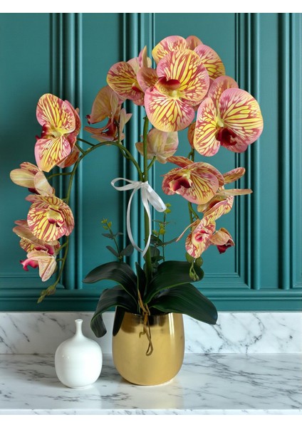 Yapay Orkide Gold Metal Saksıda Yapay Çiçek 2 Dal 55 cm Dekoratif Hediye Salon Çiçeği Ev Dekorasyon