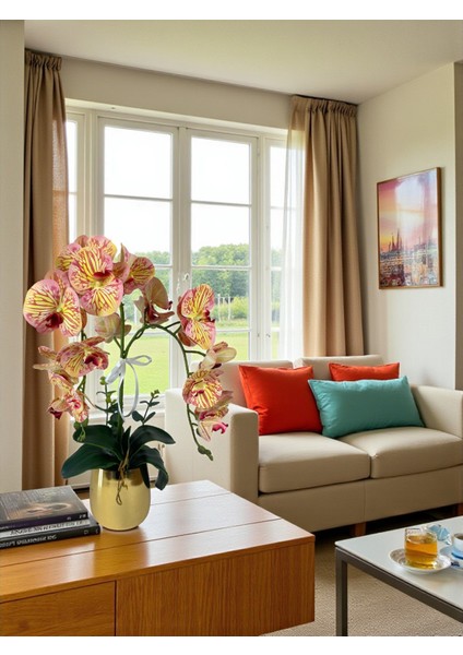 Yapay Orkide Gold Metal Saksıda Yapay Çiçek 2 Dal 55 cm Dekoratif Hediye Salon Çiçeği Ev Dekorasyon fiyatları