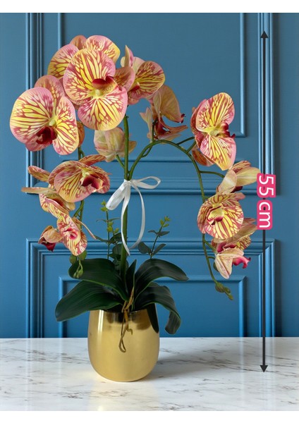 Yapay Orkide Gold Metal Saksıda Yapay Çiçek 2 Dal 55 cm Dekoratif Hediye Salon Çiçeği Ev Dekorasyon fırsatları