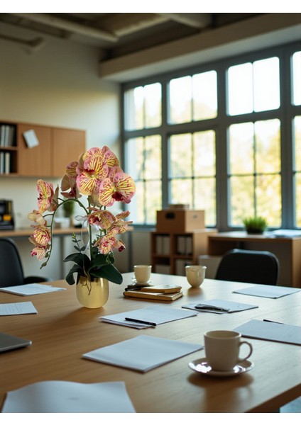 Yapay Orkide Gold Metal Saksıda Yapay Çiçek 2 Dal 55 cm Dekoratif Hediye Salon Çiçeği Ev Dekorasyon