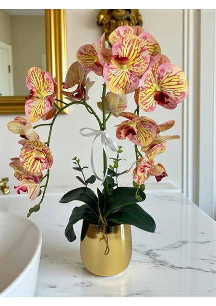 Yapay Orkide Gold Metal Saksıda Yapay Çiçek 2 Dal 55 cm Dekoratif Hediye Salon Çiçeği Ev Dekorasyon