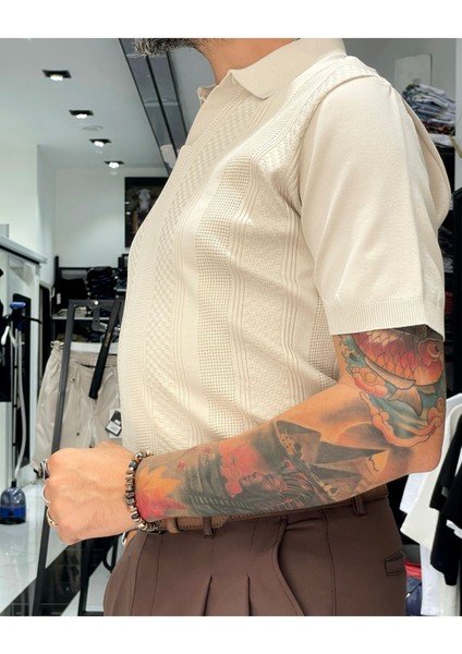 Kendinden Desenli Erkek Triko Polo Yaka T-Shirt