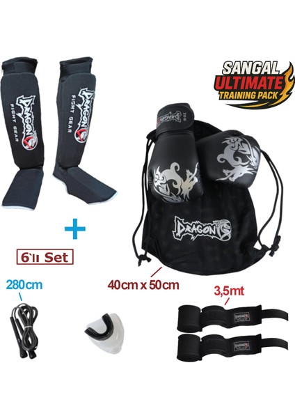 Dragon Sangal Iı Boks Eldiveni 6'lı Set Boks Eldiveni Kaval Koruyucu Bandaj Dişlik Atlama ipi çanta