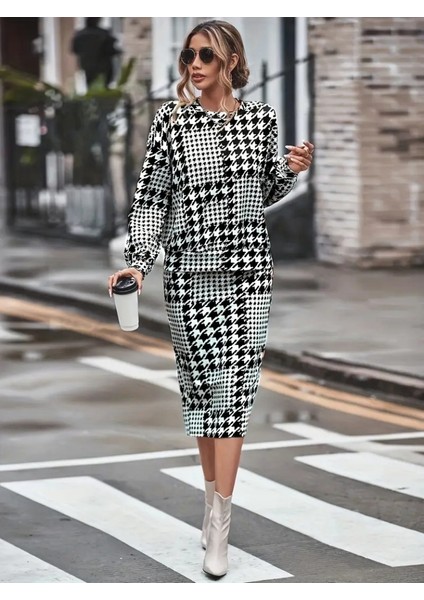 Kadın Uzun Kollu Bisiklet Yaka Şardonlu Dalgıç Bluz ve Yırtmaçlı Midi Etek Takım fiyatları