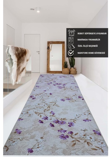 Elit Lila Kahve Çiçekli Kabartmalı Kaymaz Taban Yıkanabilir Kesme Yolluk Halı fiyatları