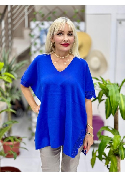 D12677 Kol Detaylı Triko Panço Saks