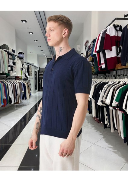 Triko Polo Yaka Erkek Tişört – Dikey Desenli