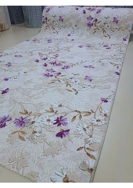 Elit Lila Kahve Çiçekli Kabartmalı Kaymaz Taban Yıkanabilir Kesme Yolluk Halı modelleri