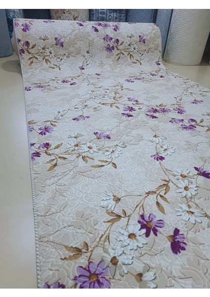 Elit Lila Kahve Çiçekli Kabartmalı Kaymaz Taban Yıkanabilir Kesme Yolluk Halı indirimleri