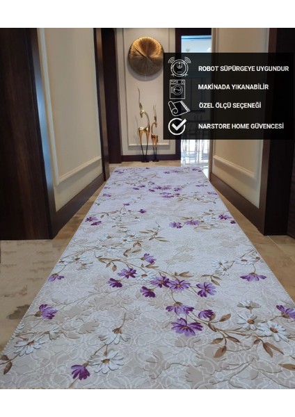 Elit Lila Kahve Çiçekli Kabartmalı Kaymaz Taban Yıkanabilir Kesme Yolluk Halı