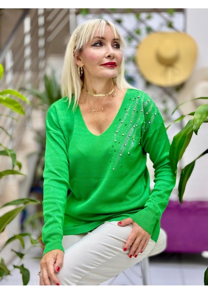 D12783 Taş Desenli Triko Yeşil