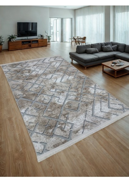 Kahve Gri Saçaklı Kaymaz Taban Yıkanabilir Kesme Yolluk Salon Mutfak Oturma Odası Halı