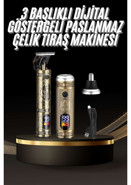 Tıraş Makinesi Pro 3 Başlıklı Dijital Göstergeli Saç Sakal Kulak ve Burun