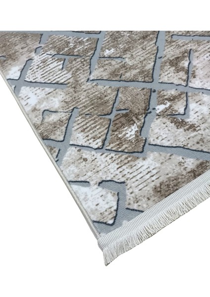 Kahve Gri Saçaklı Kaymaz Taban Yıkanabilir Kesme Yolluk Salon Mutfak Oturma Odası Halı