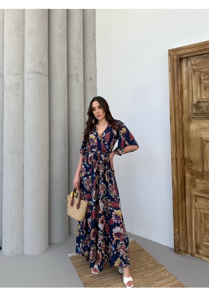 Lilyum Desen Kruvaze Yaka Mendil Kol Elbise modelleri