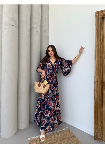 Lilyum Desen Kruvaze Yaka Mendil Kol Elbise indirimleri